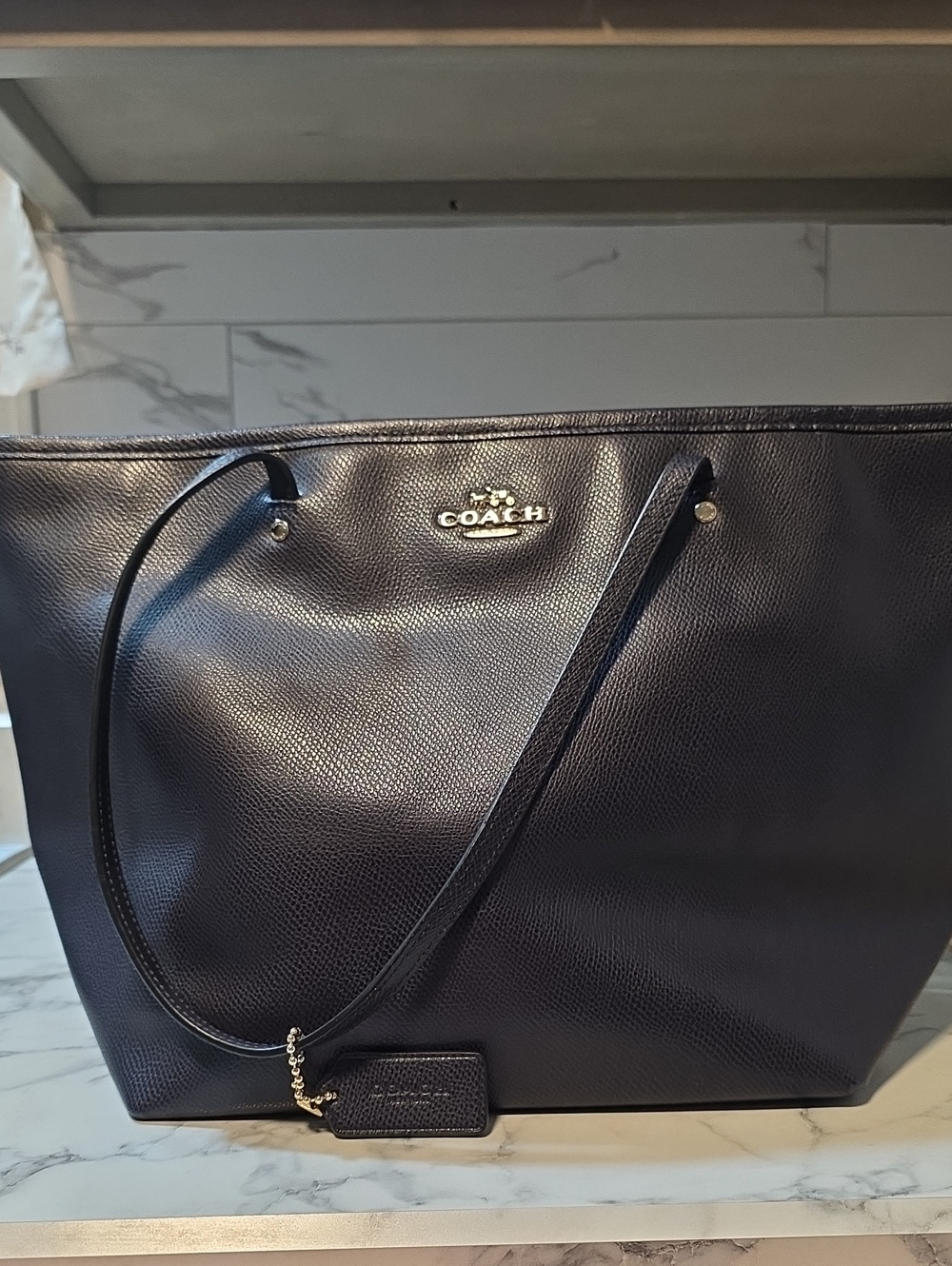 Coach Blue Leather Tote with Gold Logo